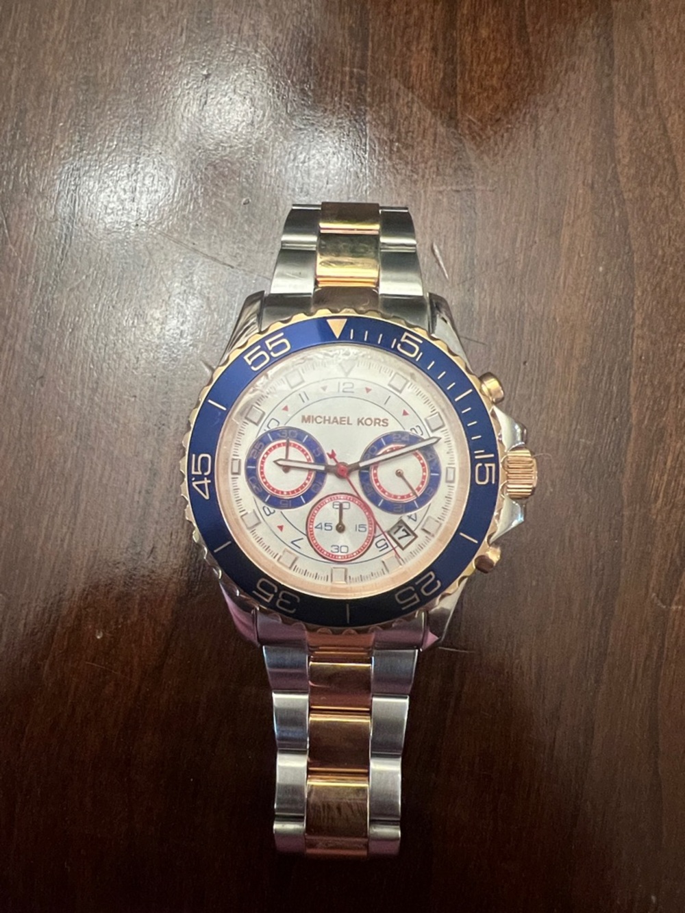 Michael Kors Gold and Silver Watch with Blue Bezel